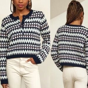 La Ligne Fair Isle Merino Wol Navy Blue Henley Crewneck Pullover Sweater M